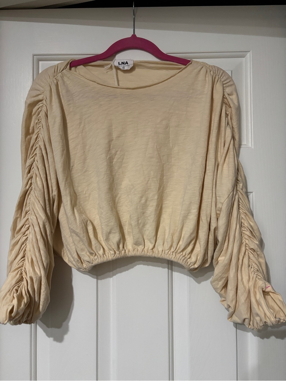 LNA Ruched Sleeve Cropped Top Cream/Beige - Size XS
